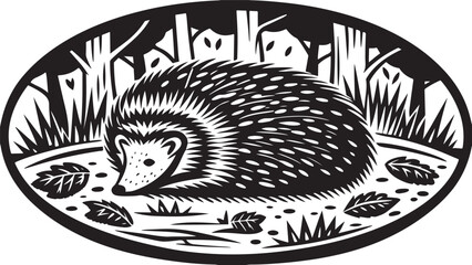 Vintage illustration of a hedgehog animal in a black and white forest pattern design with a floral art ornament symbol