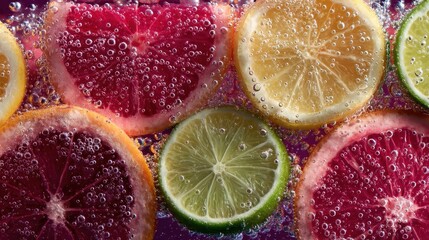 Colorful citrus slices including lemon lime grapefruit and orange submerged in sparkling carbonated water with bubbles