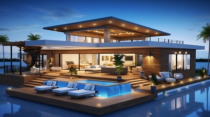 Fototapeta premium High-fidelity render of a luxury open-concept home design with rooftop and wood accents, 3D model resting over a clean blue schematic background, detailed and realistic.