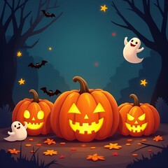 Spooky Halloween Illustration for Kids Carved Pumpkins Copy Space High Quality Colorful Fun