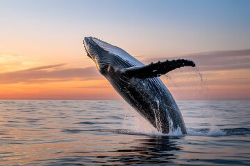 Obraz premium Majestic humpback whale breaching at sunset over the ocean