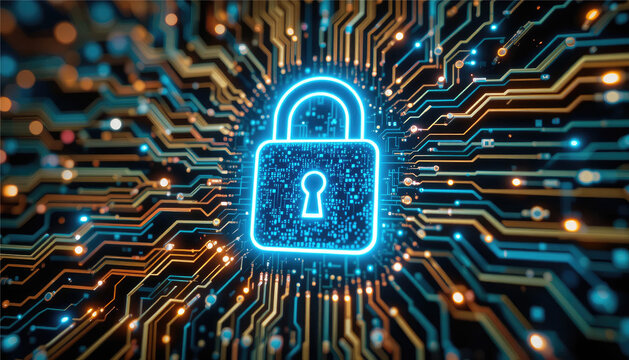 Digital lock surrounded by glowing circuits.