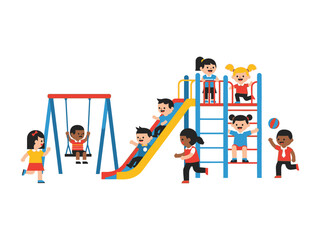 Playground Adventures: A vibrant illustration captures the spirited joy of children at play on a sunny day. Featuring playground equipment like swings and slides.