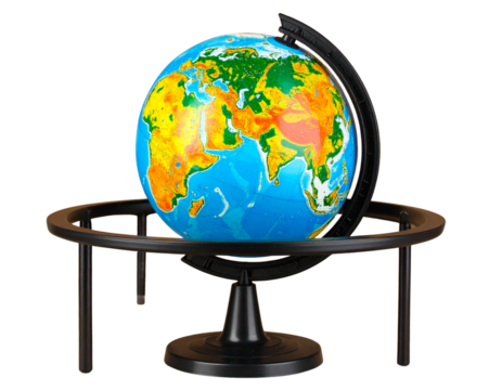 Classic Blue Earth Globe on Stand, Front View, isolated on transparent background
