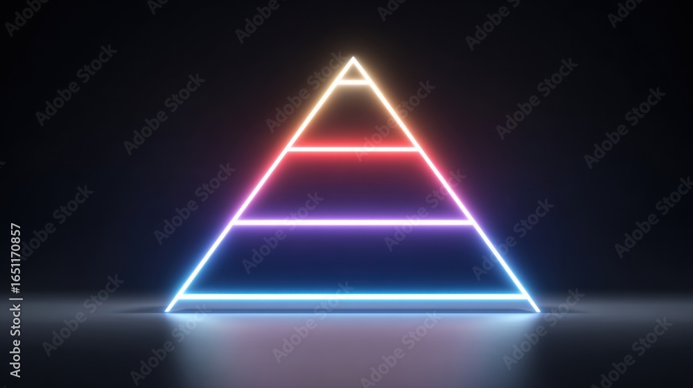Poster neon pyramid structure with glowing layers illuminated against a dark background