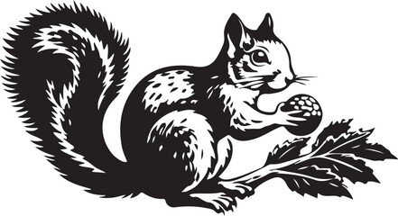 A cute cartoon illustration of a domestic feline and a mischievous squirrel with a nut, sitting on a tree