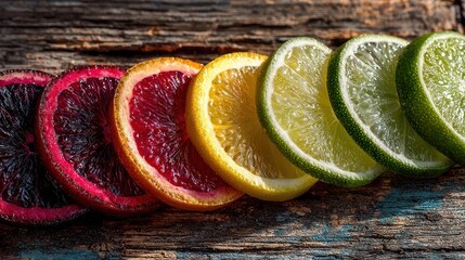 Freshly sliced colorful citrus fruits including lemon lime orange and grapefruit arranged on rustic wooden surface