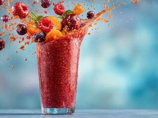 Vibrant fruit smoothie in a tall glass with berries and tropical fruit splashing against a bright blue background