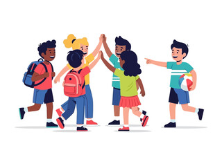 Childhood camaraderie: A diverse group of children engaging in playful interaction, high-fiving with smiles, exemplifying the joys of friendship and youthful camaraderie.