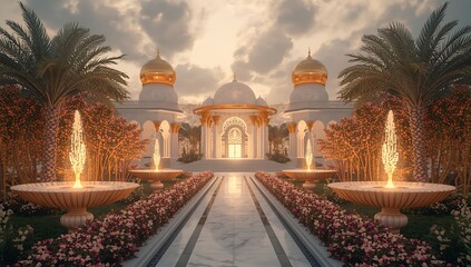 Serene architectural wonder with domes and arches, embraced by lush gardens and soft candlelight.