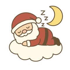 Cute kawaii Santa Claus sleeping on cloud with moon
