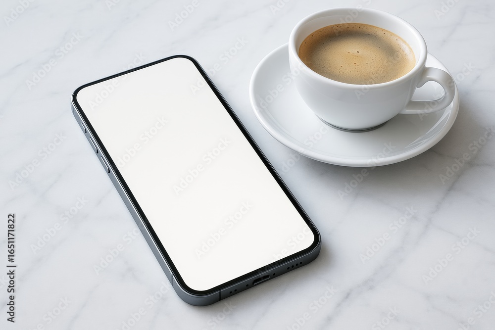 Poster smartphone with blank screen next to coffee cup on marble surface for branding mockup or product dis