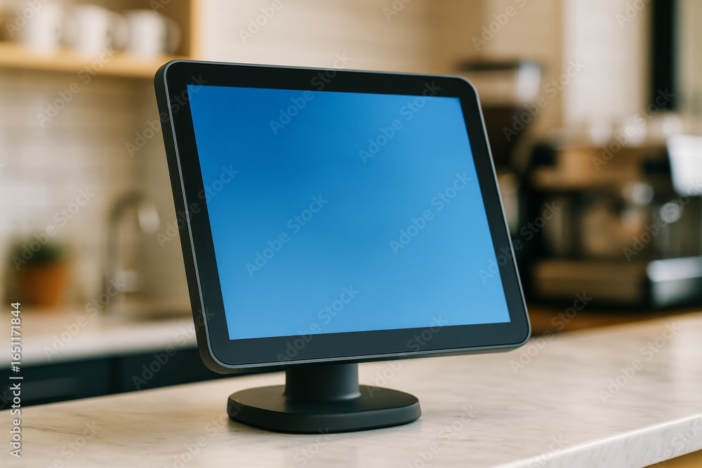 Poster blank touchscreen monitor mockup on marble counter in modern kitchen setting with blurred background