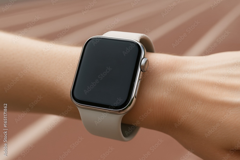 Poster smartwatch mockup on wrist with blank screen for design display, shown on blurred running track back