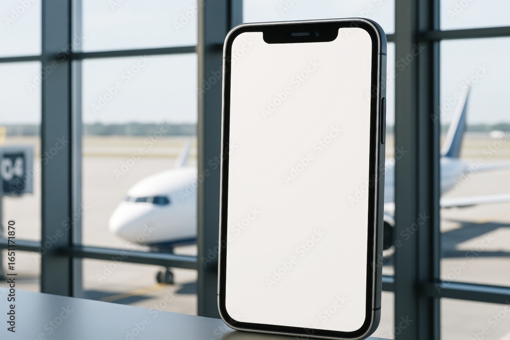 Poster smartphone with blank screen mockup on airport terminal background near airplane window for travel a