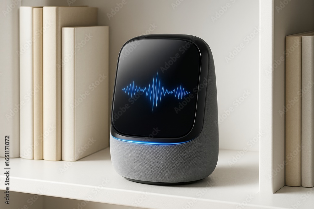 Poster smart speaker with glowing soundwave display placed on a white shelf between blank books in minimali