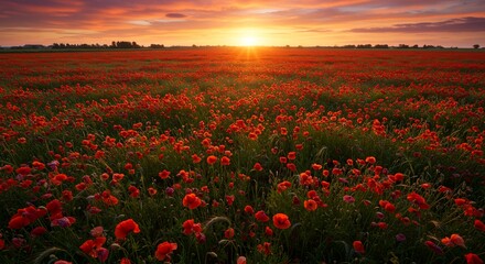A field of flowers with the sun setting in the background showing a field of wild poppies stretching to the horizon