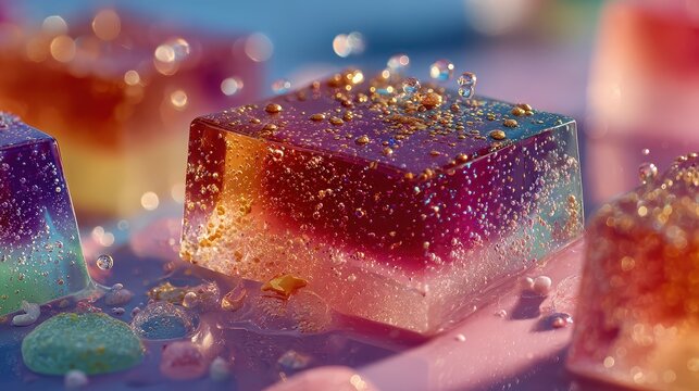 Colorful translucent soap bars with bubbles and glitter on a vibrant pink and purple background
