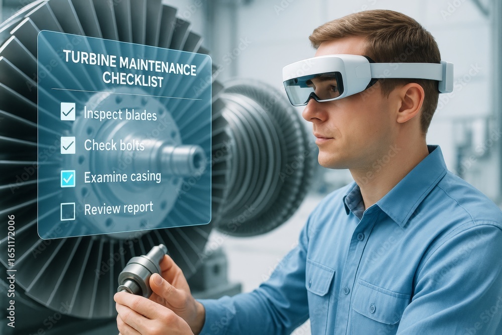 Aufkleber engineer using augmented reality headset to follow digital turbine maintenance checklist in high-tec