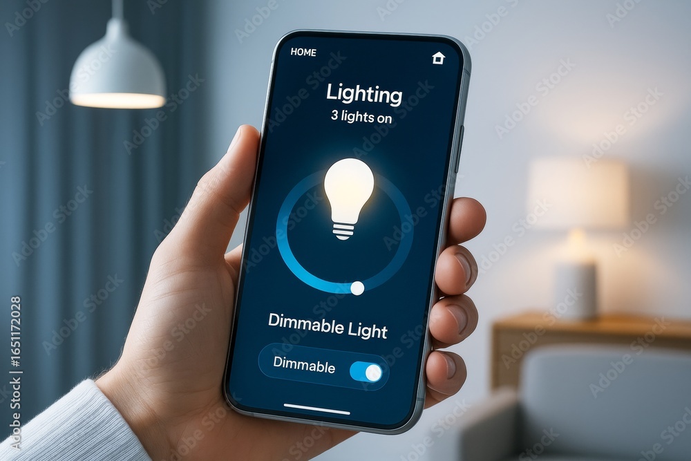 Poster smart home lighting control app on smartphone screen in hand, managing dimmable light settings in mo