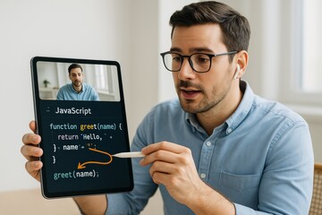 Man explaining JavaScript code during online programming class using digital tablet and stylus in bright home office environment. Ai generative