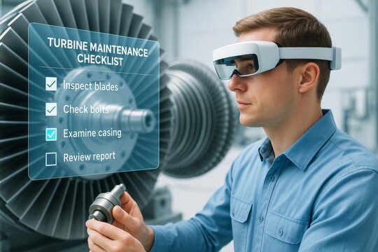 Engineer using augmented reality headset to follow digital turbine maintenance checklist in high-tech industrial environment with futuristic interface. Ai generative - Powered by Adobe