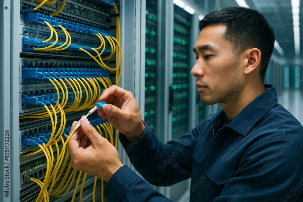 Aufkleber technician working on server cables in data center with focused expression and bright background lig