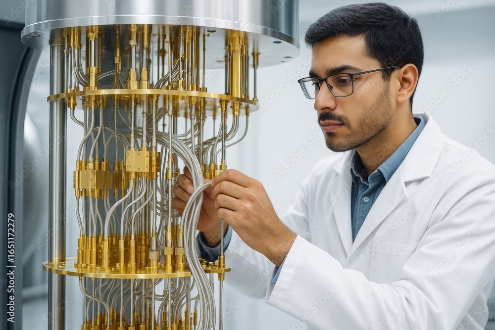 Poster scientist in lab coat examining quantum computer wiring with focus and precision in a futuristic lab