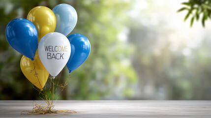 Welcome Back Card with Balloons in Gentle Sunlight