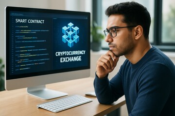 Focused developer working on smart contract code for cryptocurrency exchange platform on desktop computer in modern office environment.. Ai generative