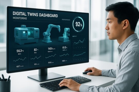 Engineer monitoring digital twins dashboard on computer screen showing industrial robot data analysis in bright modern office environment. Ai generative - Powered by Adobe