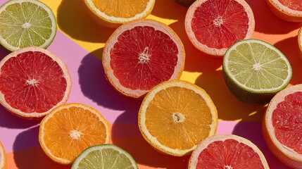 Colorful Citrus Fruits Sliced Open Showing Juicy Flesh and Bright Vibrant Colors on a Pink Background