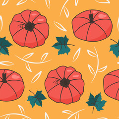 Cute colorful hand drawn fall autumn seamless vector pattern illustration with red orange pumpkins, green leaves and white branches on vibrant yellow background