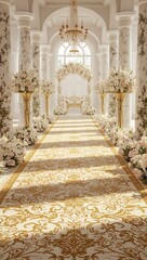 Elegant royal hall interior featuring ornate carpet, marble pillars, chandeliers, and floral decorations for wedding ceremony