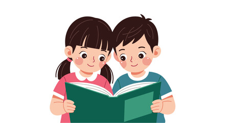 Two young children reading a book on white background 