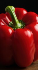Close-up of a vivid red bell pepper with a green stem, set against a dark background, showing its smooth texture