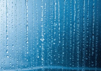 Close-up of a transparent surface covered in numerous droplets and streaks of water against a gradient blue background