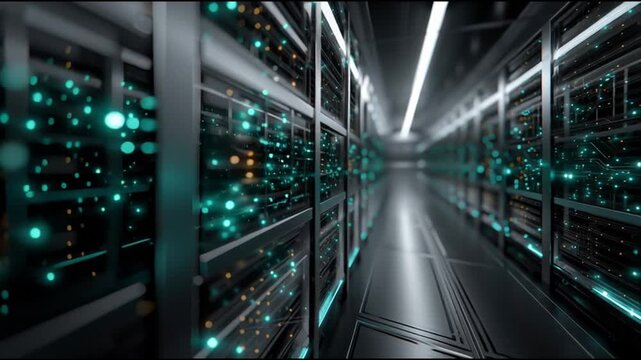 Qubit quantum computing. A futuristic data center with glowing server racks and sleek design.