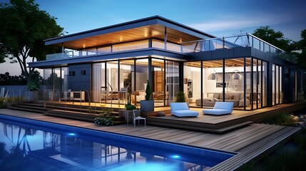 Fototapeta premium Modern luxury house in a 3D architectural rendering style, featuring glass walls, wooden roof, floating floors and interior decor, placed above architectural draft in blueprint blue.