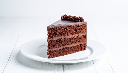 Rich Chocolate Cake Slice on White Plate Dark Brown Dessert with Icing Food Photography