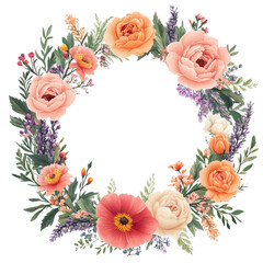 Fototapeta premium Vibrant floral wreath featuring pink and orange roses, lavender, and various wildflowers creates cheerful and elegant design. Perfect for invitations or decorative purposes
