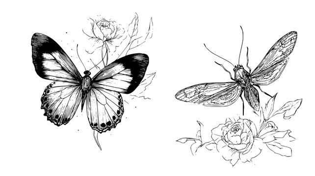 Vintage butterfly and moth illustration with roses perfect for nature themed graphic design projects
