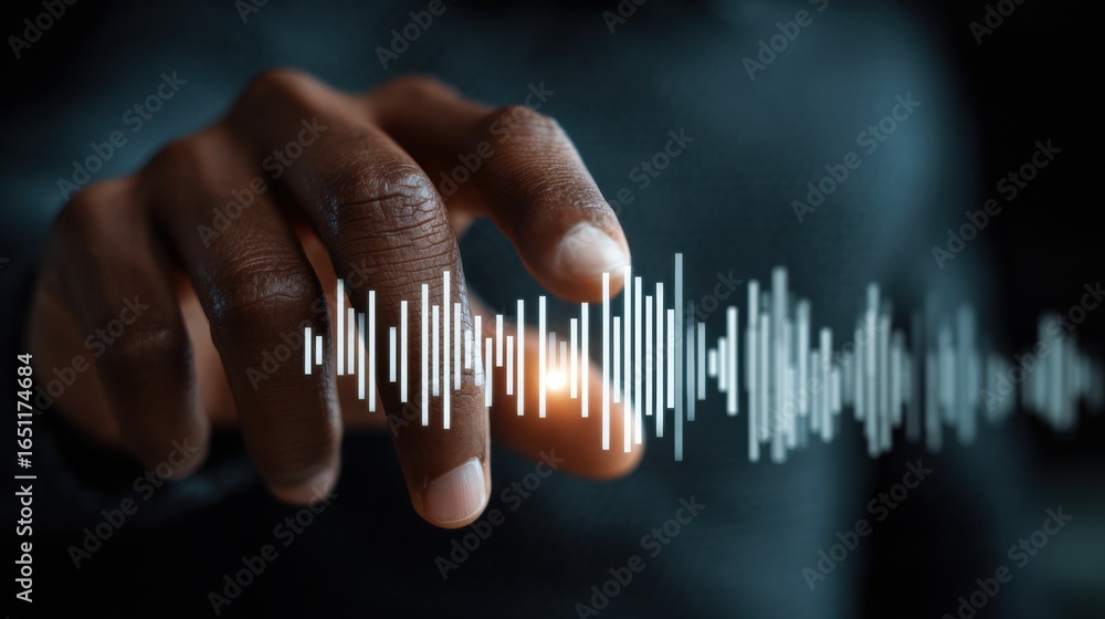 Poster Sound Wave Visualization With a Close-Up of a Hand Interacting With Audio Data at a Studio in the Evening
