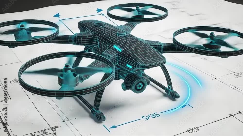 Poster animated drone blueprint with rotating propellers and detailed wireframe design