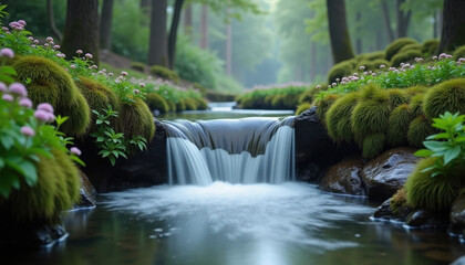 Picturesque waterfall flowing over mossy rocks surrounded by wildflowers in forest
