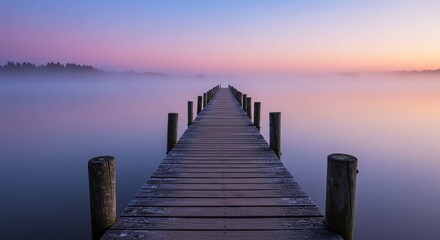 Fototapeta premium A dock in the middle of a lake at sunset showing a long wooden pier extending into a misty lake at sunrise