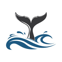 Obraz premium Dark gray whale tail fin emerging from stylized blue ocean waves vector