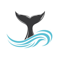 Dark gray whale tail emerging from stylized blue ocean waves on white background fluke