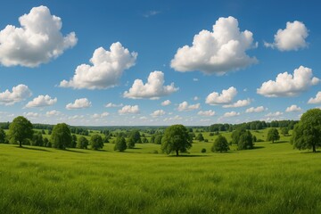 Fototapeta premium Endless emerald meadow vista with azure sky and cotton cloud formations creating peaceful countryside atmosphere for nature tourism marketing
