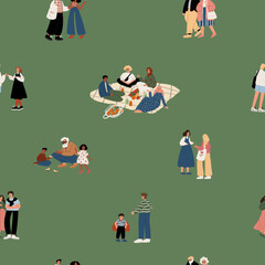 seamless pattern with diverse people: White, Black, African American, Muslim, adults, seniors, kids, couples. Inclusive and multicultural. Flat vector illustration.